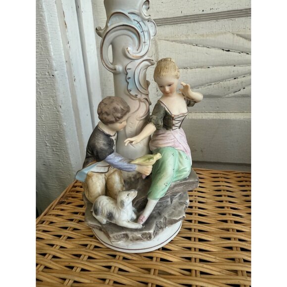 Vintage 50's Bisque Porcelain Figural Couple Candle Holder Lamp Base - Picture 2 of 11
